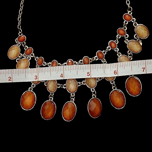 Silver Bib Necklace with Cream and Orange Gems - Picture 4 of 8